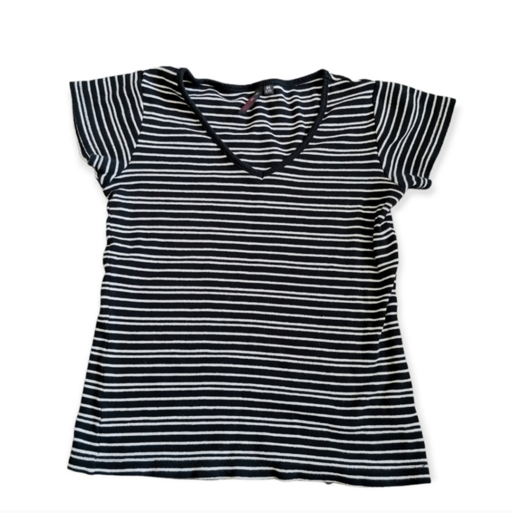 Jealous 21 Black White Striped V-Neck Fitted Stretch T-Shirt Junior Size S